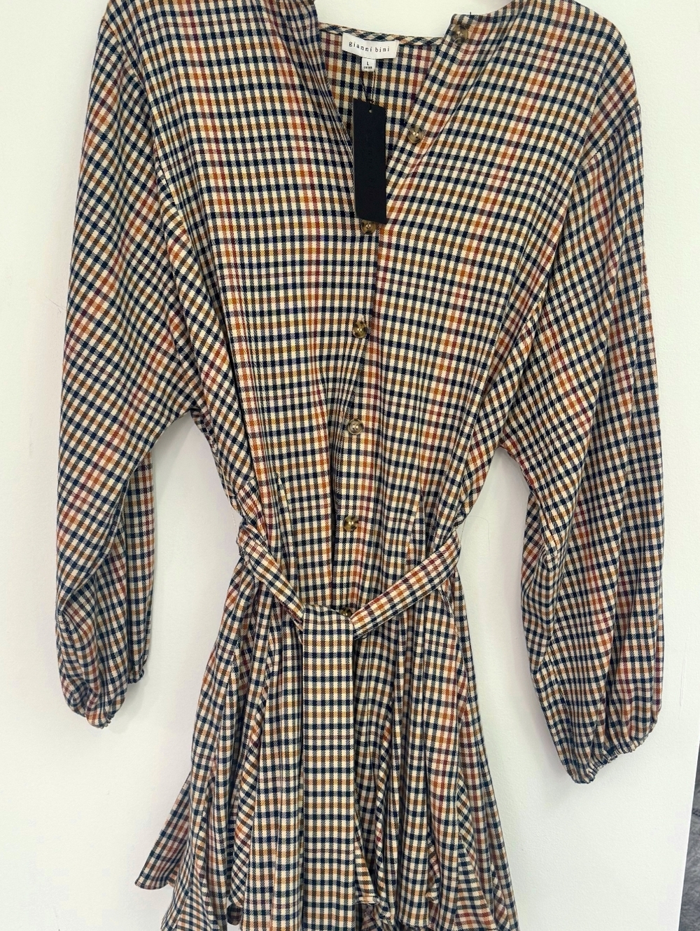 Gianni Bini Long-Sleeve Plaid Shirt Dress in Navy, Brown & Cream